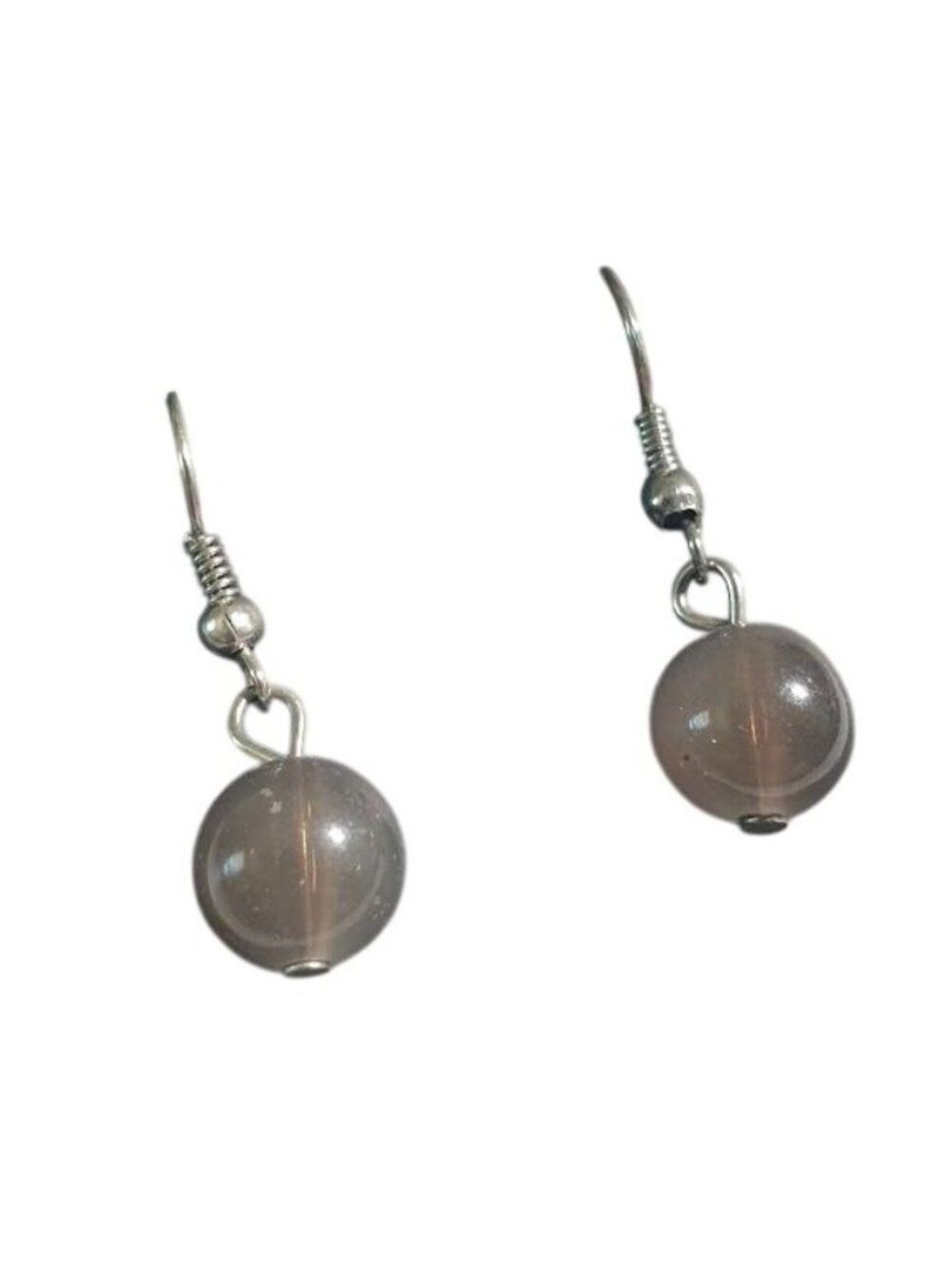 Silver Tone Drop Earrings Round Grey Acrylic Beads Dangle Lightweight Hook Back